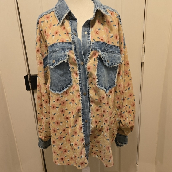 BiBi Tops - BiBi Blue Floral Denim Oversized Button Up Shirt Rustic